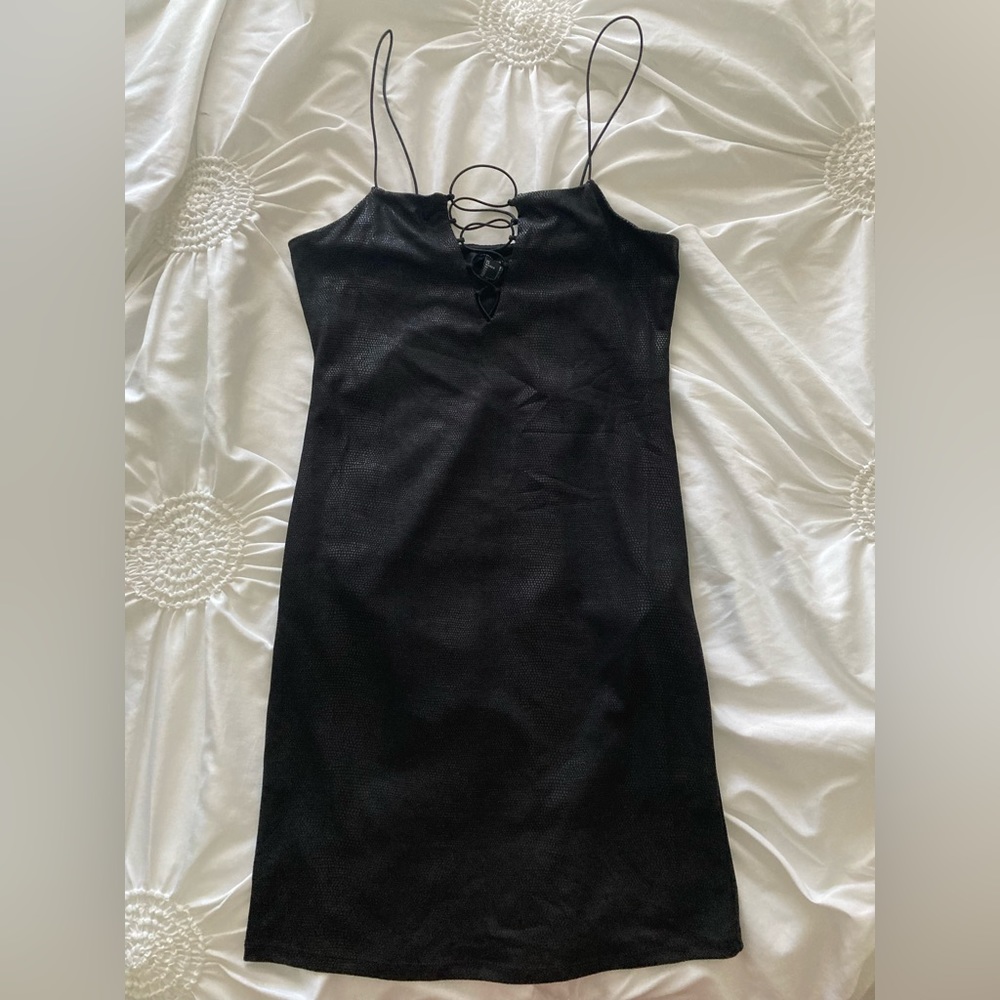 Forever 21 Black Snakeskin Mini Dress, Size S, Stretchy, Stretchy Cord Lace Up